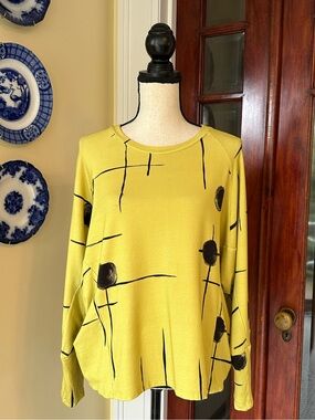 Lisa Bayne | Chartreuse Yellow Abstract Artsy Top Dolman Sleeve, Size L